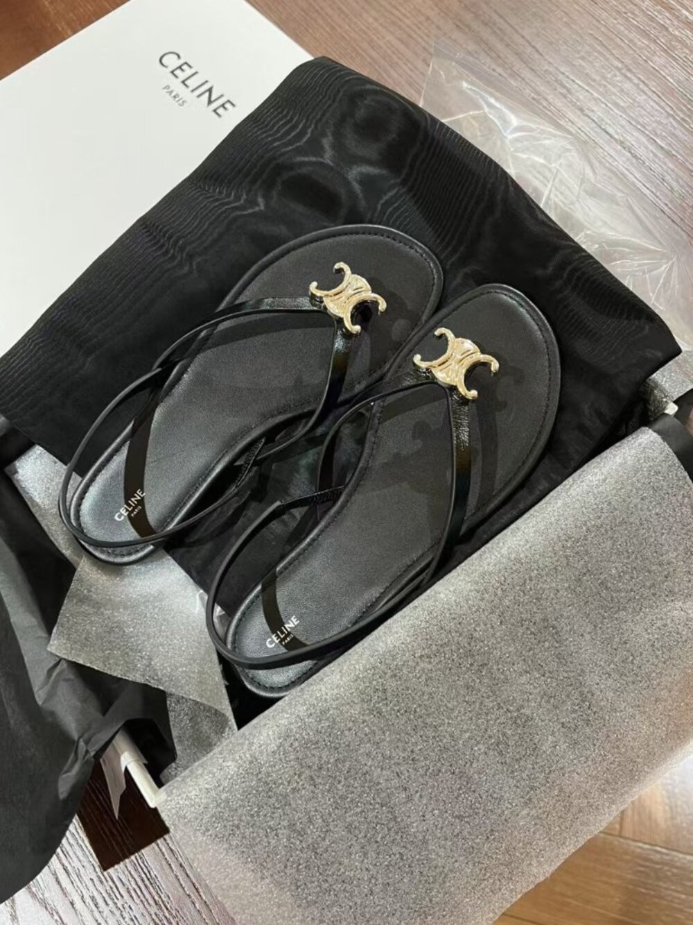 Celine Black Triomphe Gold Logo Thong Flat Sandals